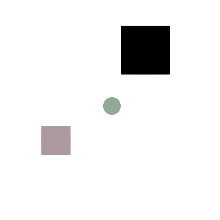 black square (top right), green circle (middle), pink square (bottom left)