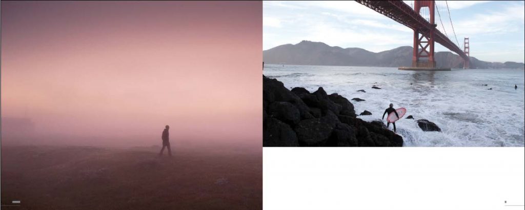 Picture of person walking on the left and a picture of a surfer on the right.