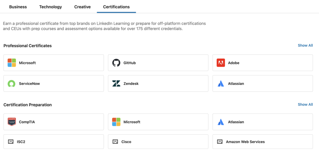 LinkedIn Learning's content spans four areas including business, technology, creative, and certifications.