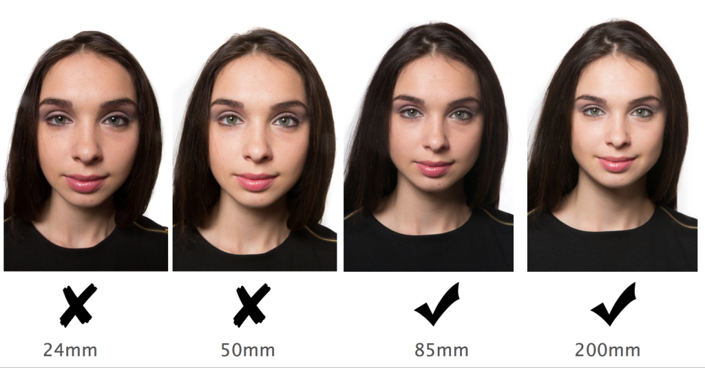 Image showing a girl with photos taken at different focal lengths. It shows 24mm, 50mm, 85,, and 200mm.