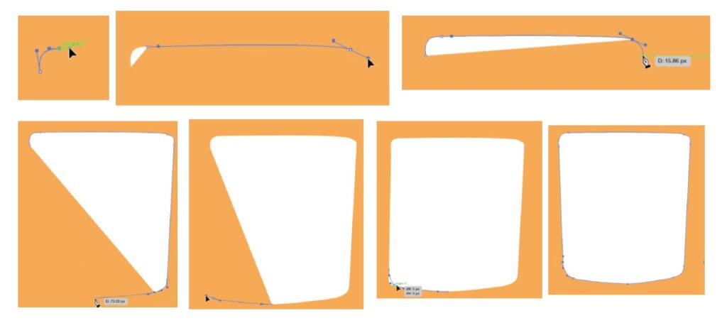 multiple pictures showing the outline of a glass being drawn with the pen tool