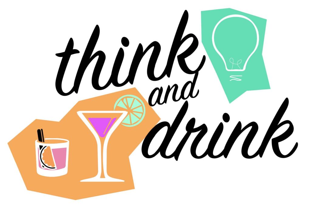 "Think and drink" graphic with glasses and a lightbulb